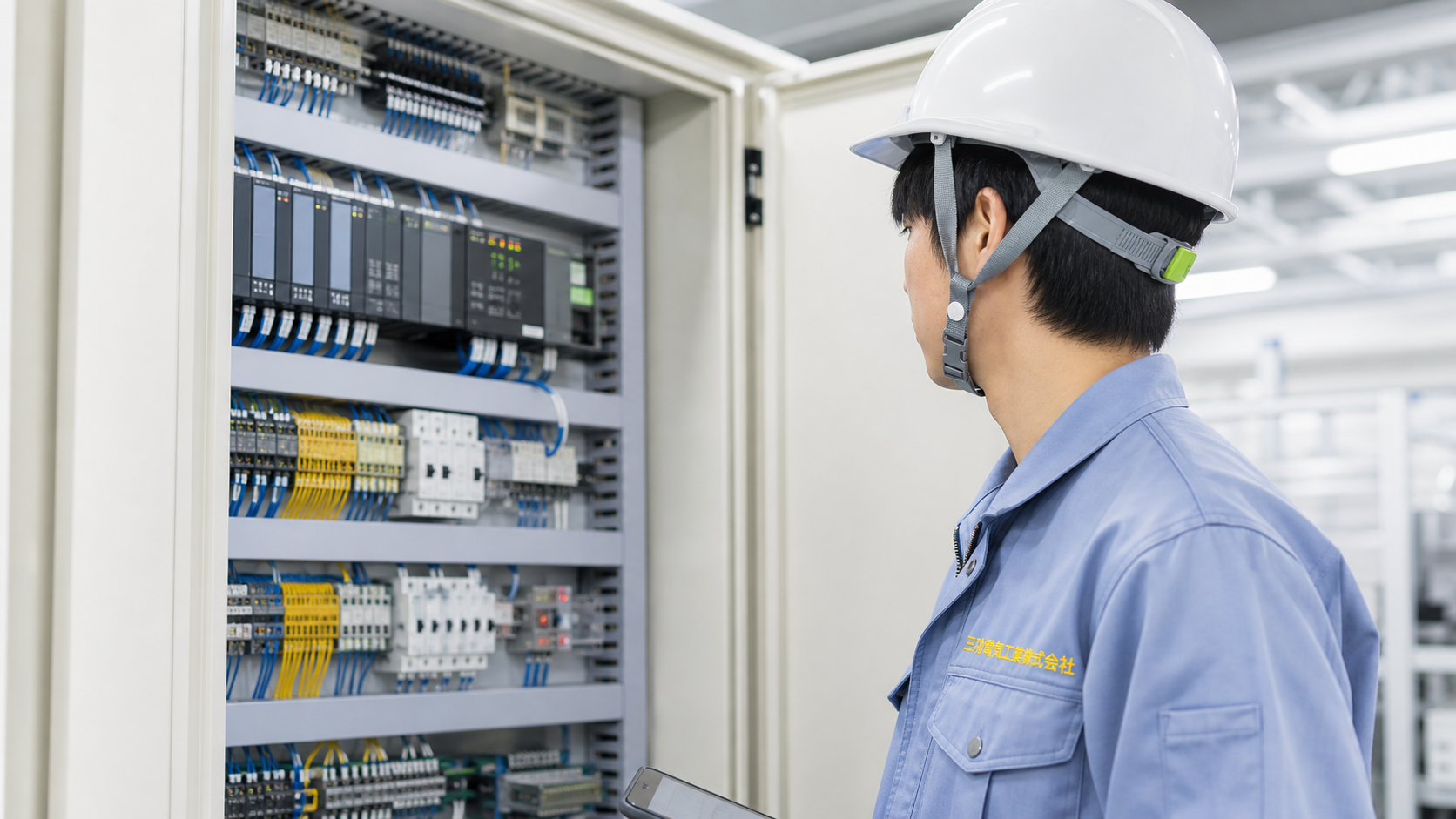 制御盤を確認する若手作業員