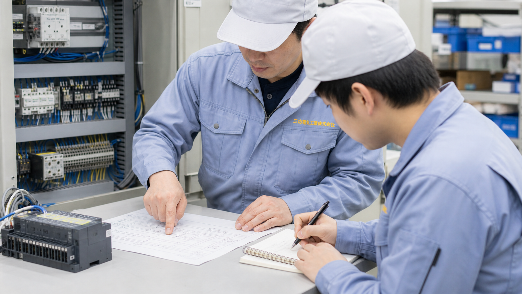 先輩から図面を見ながら教わる社員
